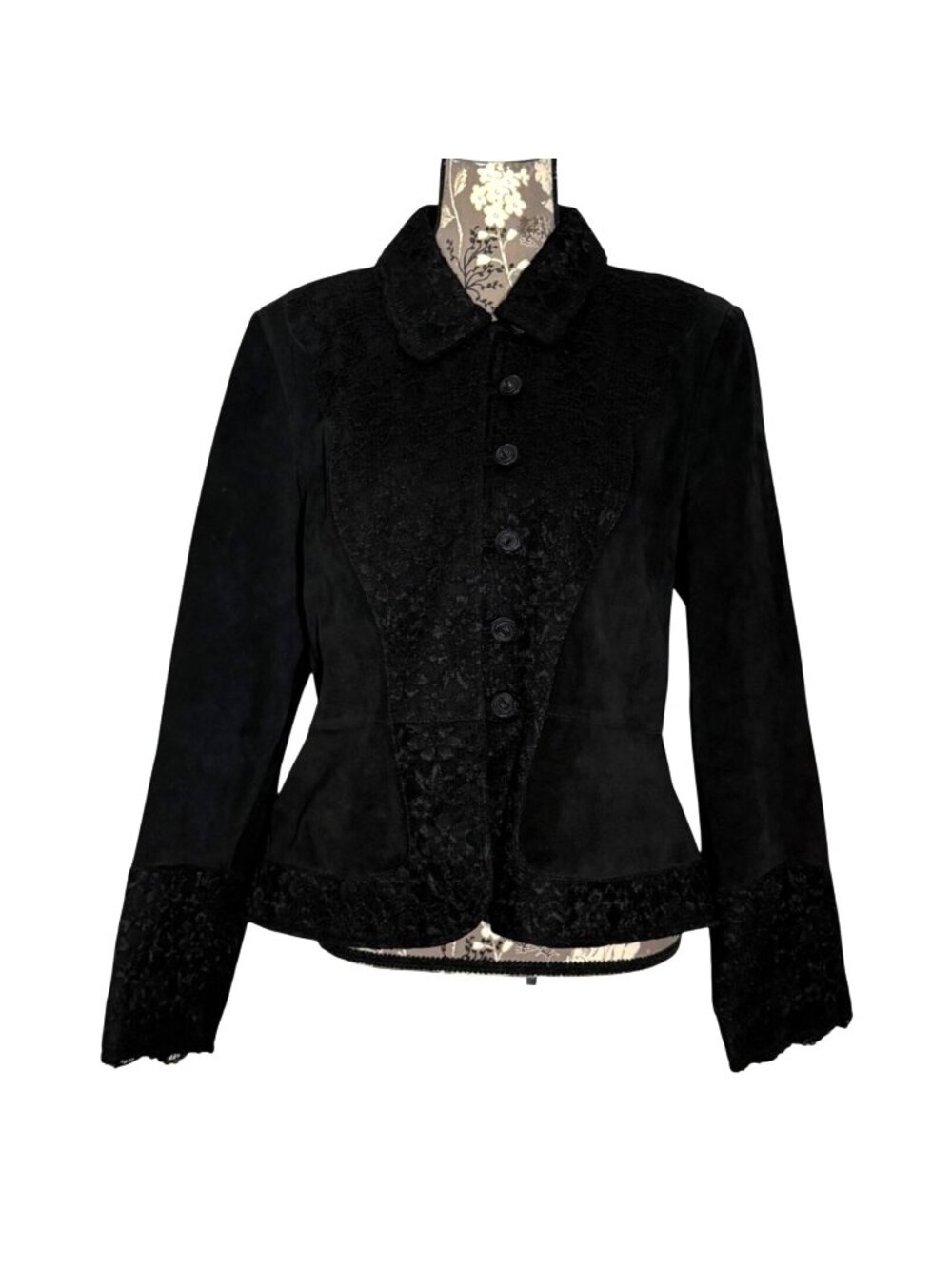 Terry Lewis Classic Luxuries Suede/Leather Lace Trim Blazer Jacket Womens SZ M